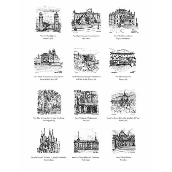 Set (12) Prints European Architecture Travel Sketches Signed Drawings DT Hubbell - Picture 1 of 7